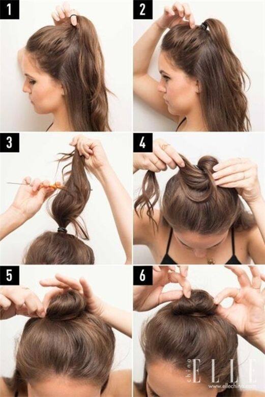 Step 1：用手抓部分頭髮，在頭頂用皮筋綁成一個鬆散的小馬尾，額頭旁邊的