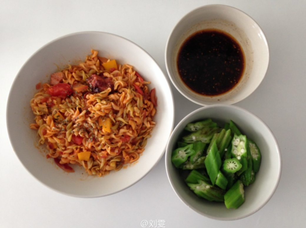 午餐:番茄意粉+秋葵 午餐:番茄意粉+秋葵