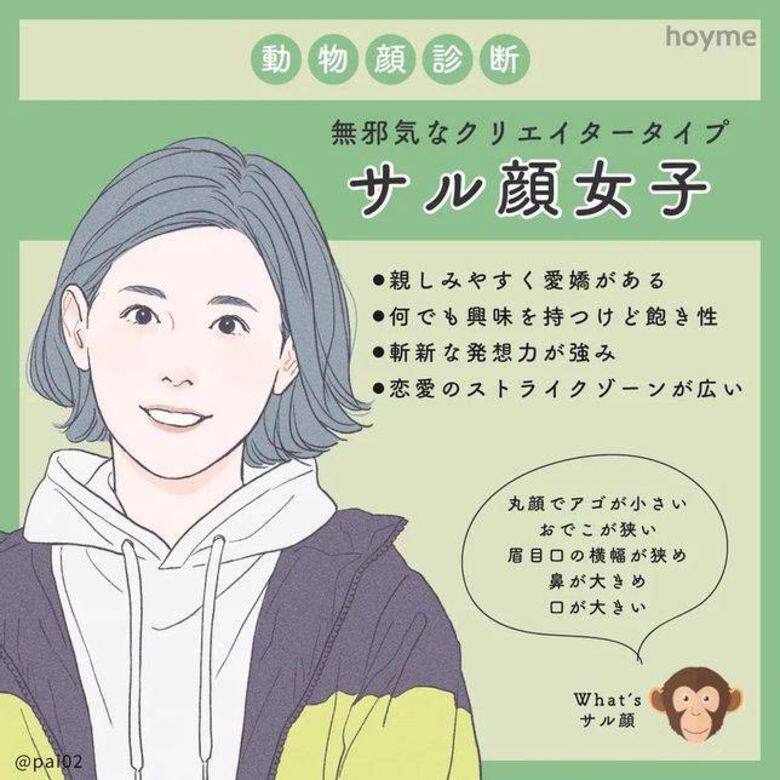 猴子顏女子圓臉窄額頭,下巴很小,鼻子和嘴巴較大,眉毛、眼睛和嘴之間的 猴子顏女子圓臉窄額頭,下巴很小,鼻子和嘴巴較大,眉毛、眼睛和嘴之間的