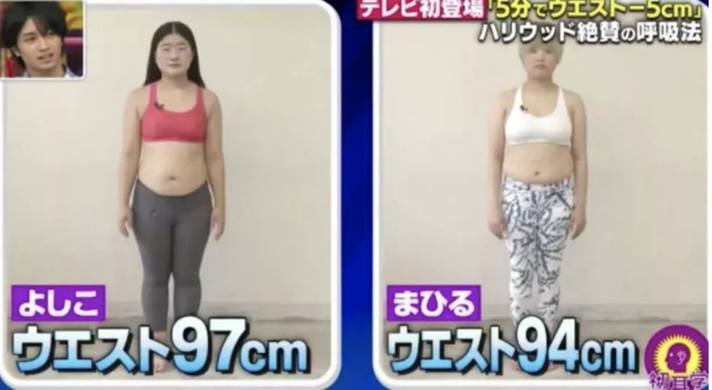 測試前，左邊的Yoshiko腰圍為97cm，右邊的Mahiru腰圍為94cm ，結果Yoshiko的腰圍由97cm