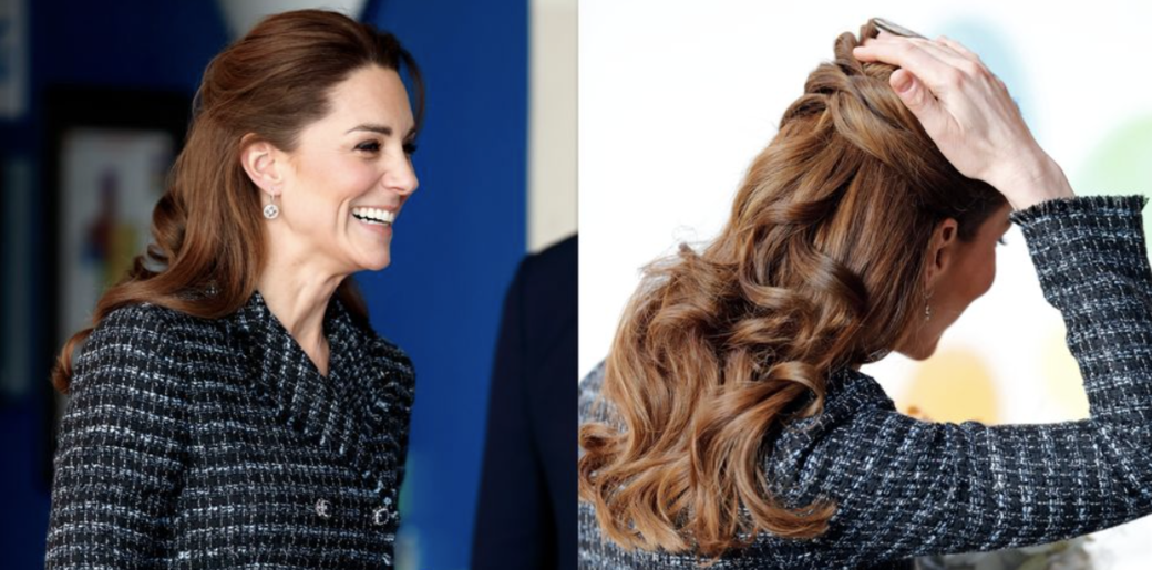 穿上深藍色格紋復古套裝的凱特，利用編髮技巧令公主頭看起來更有線