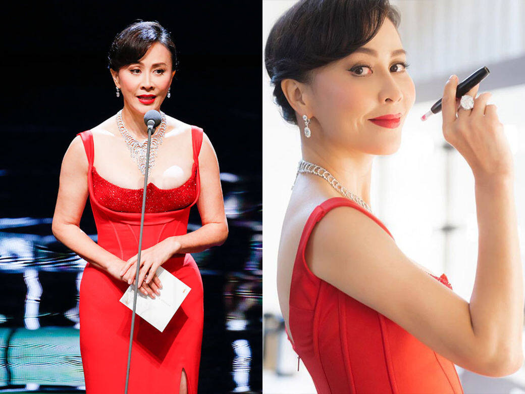 劉嘉玲穿上一襲鮮紅色緊身晚裝裙