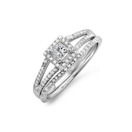 DAZZLING ROCK 14k Princess & Round Diamond Halo Engagement Ring Set