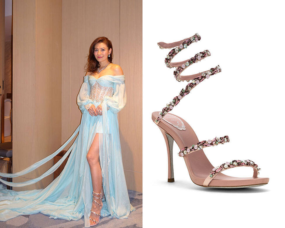 Elanne 再換上 Marco Chan 為她特意設計的一襲粉藍色露肩雪紡公主晚裝