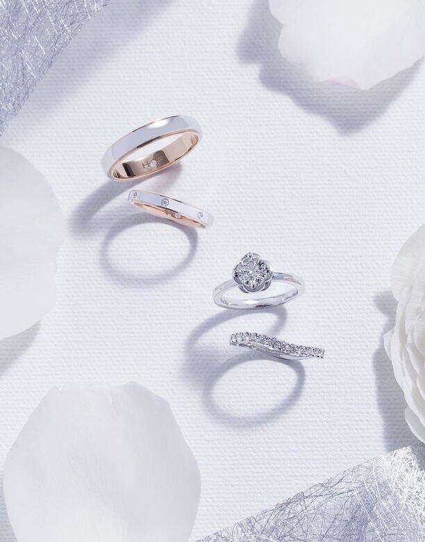 上起：Beloved鉑金訂婚鑽石戒指 $135,000起鉑金結婚對戒（男裝）$14,500鉑金結婚對戒