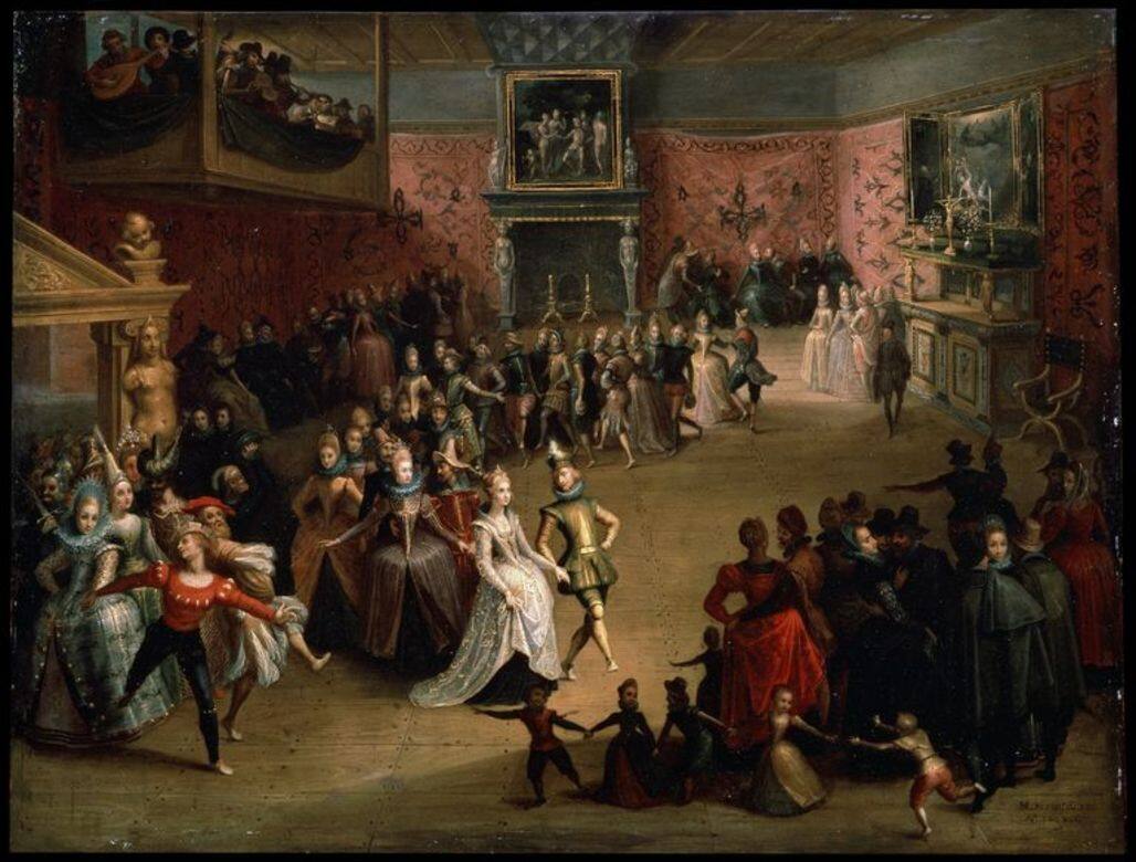 圖中為17世紀的一個婚禮晚會，新娘穿上了藍色的晚禮服。在這個年代，新