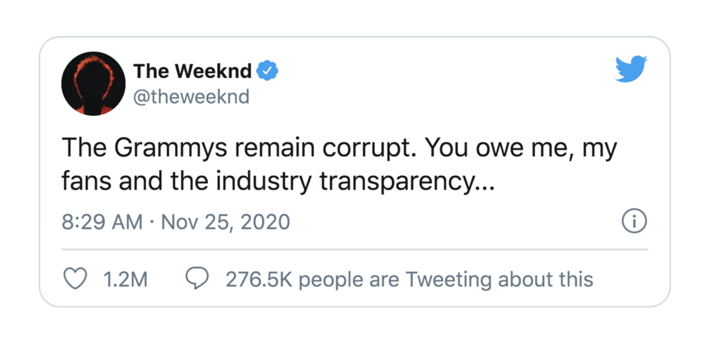 The Weeknd本人亦在Twitter和Instagram等社交媒體上公開發炮,批評道:「格林美獎非常腐敗 The Weeknd本人亦在Twitter和Instagram等社交媒體上公開發炮,批評道:「格林美獎非常腐敗