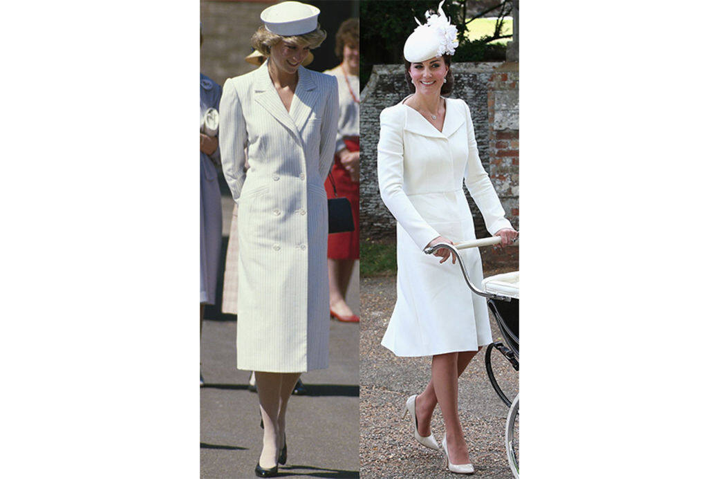 戴安娜王妃：戴安娜王妃身穿Catherine Walker在1985年5月訪問懷特島。凱特王妃：2015年
