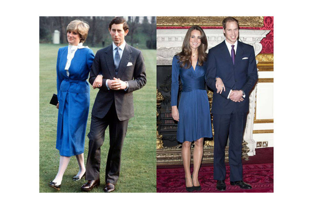 戴安娜王妃：1981年2月戴安娜王妃和查理斯王子宣布訂婚。凱特王妃：2010年