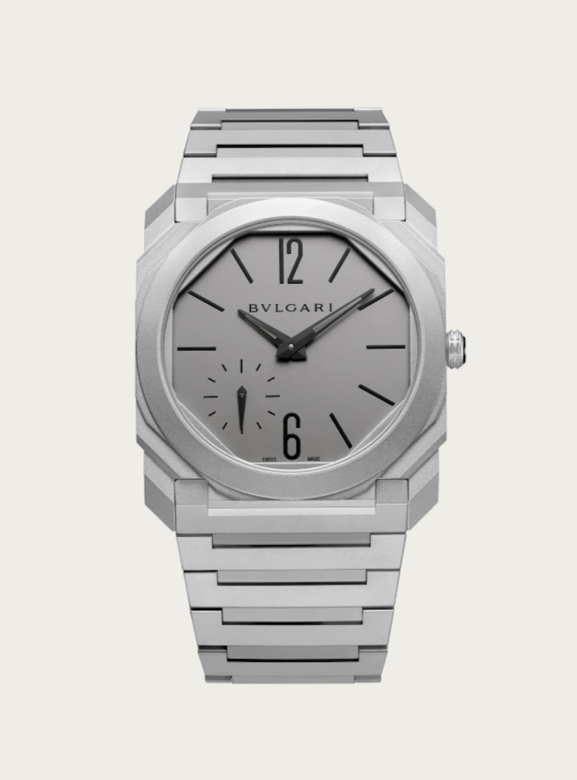 外型超級酷的灰色Octo Finissimo Automatic 腕錶搭載超薄機械機芯，自動上鍊，小秒針盤，鈦