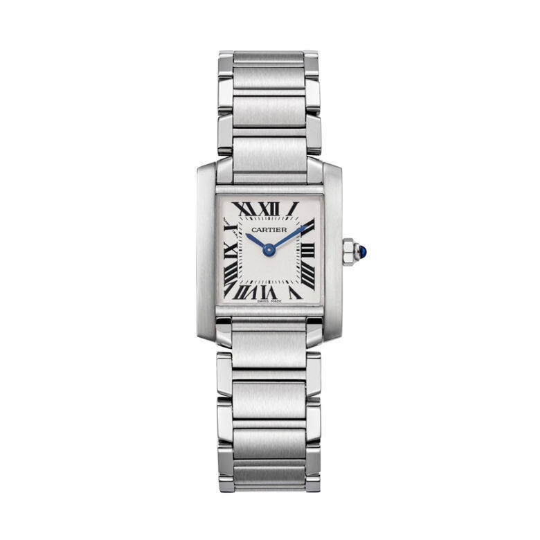 Cartier Tank Française腕錶破格地將弧形錶殼置於履帶式手鐲中央,令配戴者像戴著 Cartier Tank Française腕錶破格地將弧形錶殼置於履帶式手鐲中央,令配戴者像戴著
