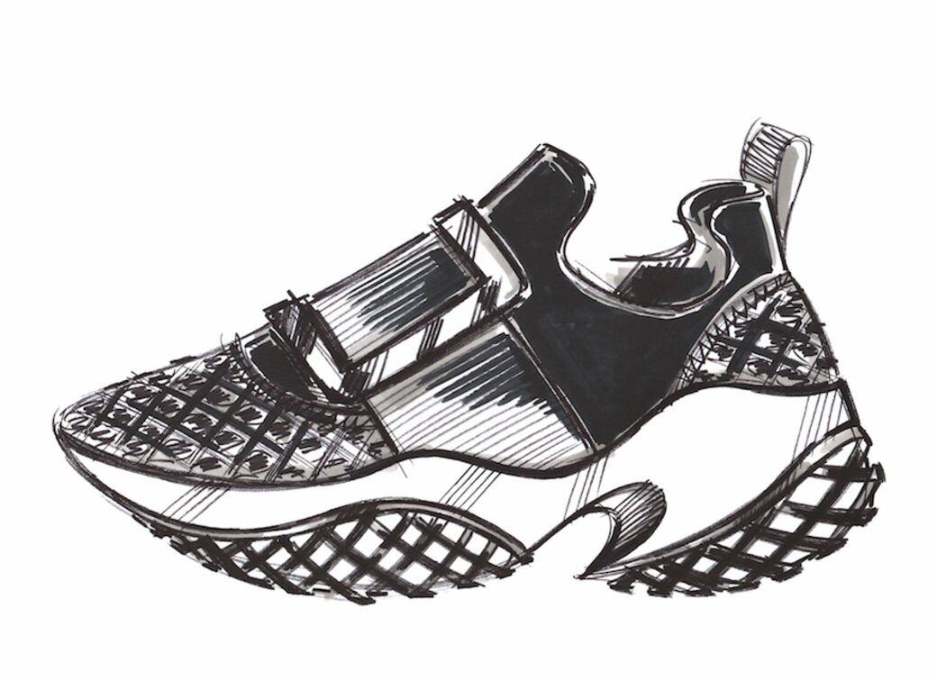 Viv ’ Run 運動鞋採用網眼面料、網布和橡膠材質，鞋跟高7.5厘米，弧形鞋底向
