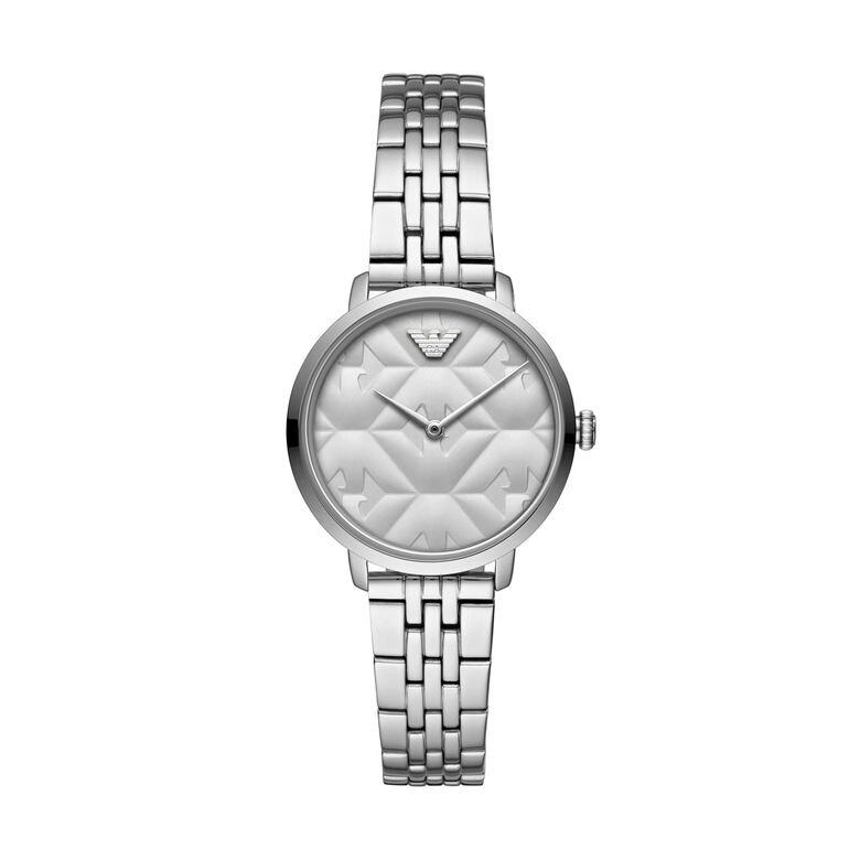 AR11213 $2,500以Emporio Armani的標誌圖案作為錶盤上的裝飾圖案，突顯簡約率性。Emporio Armani