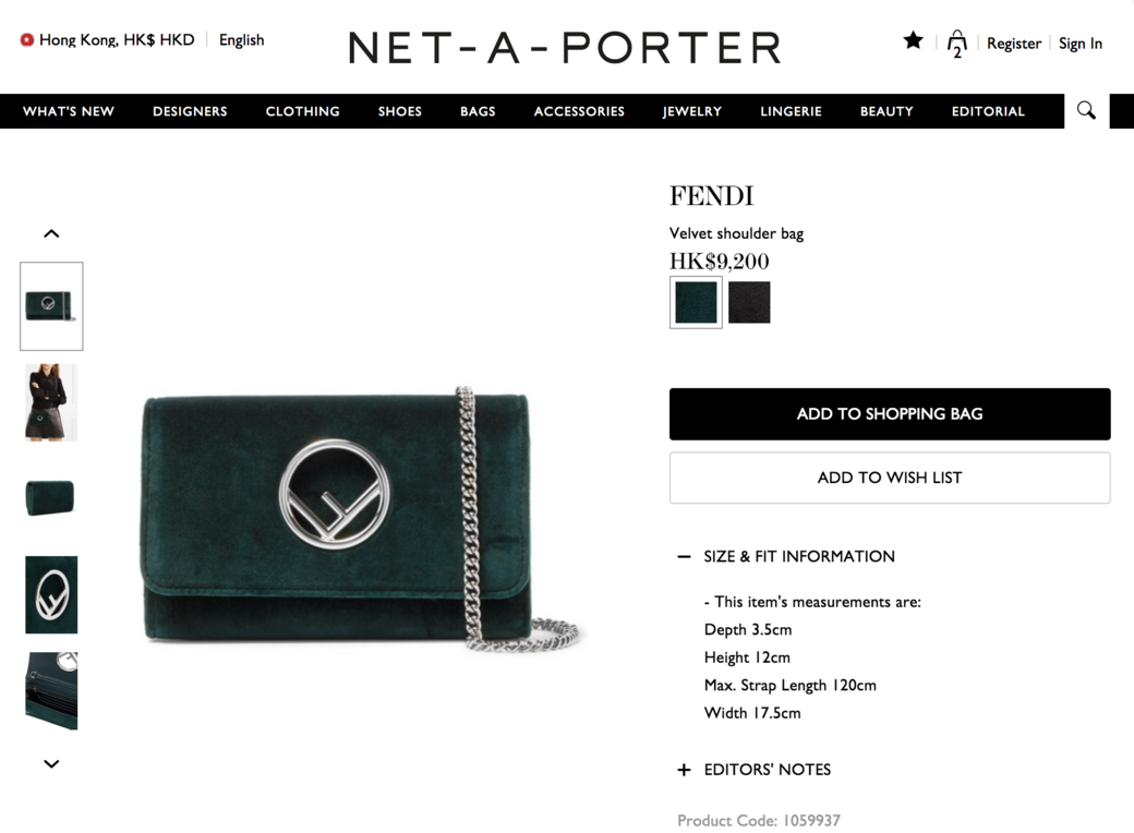 這款Fendi Velvet shoulder bag絨綠色秋冬最適用，Net-A-Porter售價$9,200,郵費同樣$50。