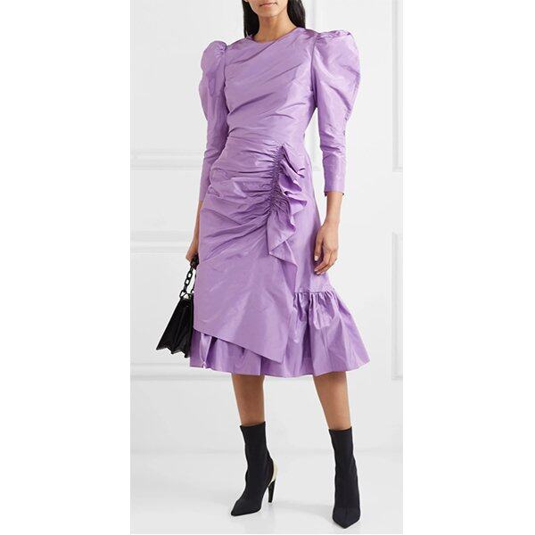 紫色皺摺泡泡袖中長裙
