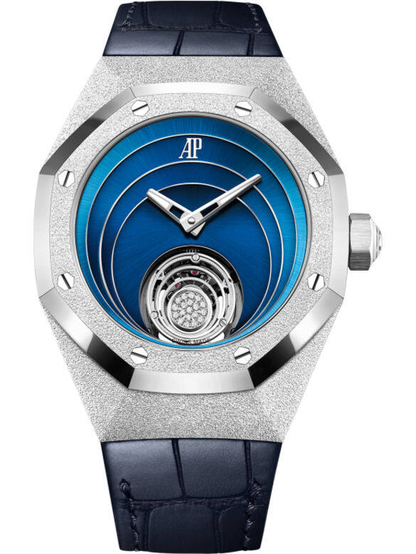 採用耀眼的霜金白金錶殼，多層結構的藍色錶盤，配上中央的飛行陀飛輪