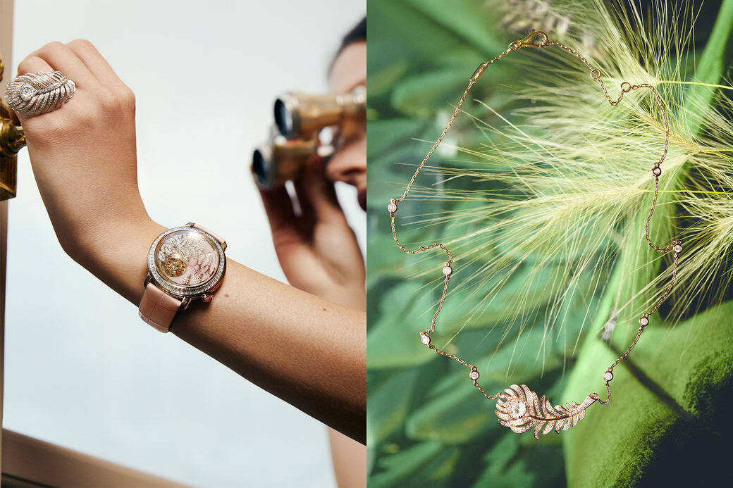 Boucheron的Plume de Paon孔雀羽毛作品涵蓋戒指、耳飾、項鏈吊墜與腕錶，讓你配合她的