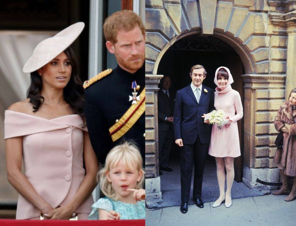 胭脂色穿搭在第一個Color Ceremony，Meghan穿了一跳胭脂色的Carolina Herrera裙子。這條裙子和Hepburn