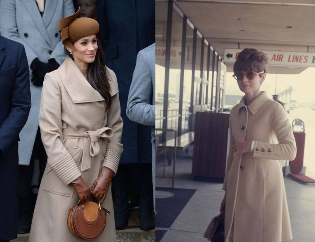 駝色大衣Markle在聖誕時穿了一條駝色的羊毛大衣，令人想起Hepburn1968年的機場