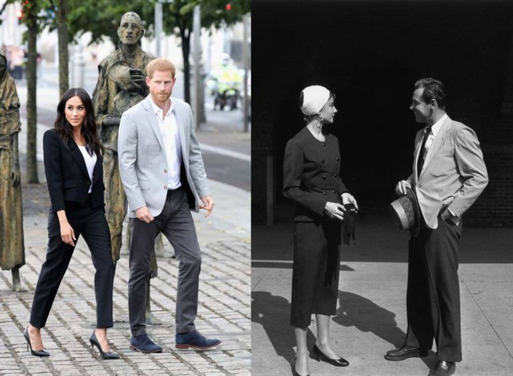 西裝最近去愛爾蘭的時候，Markle穿了這件Givenchy的褲裝前往，和Hepburn的穿搭有幾分