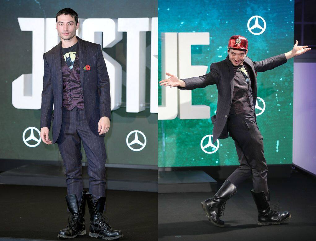 Ezra Miller 在間條西裝套裝內襯絲質夾克 Ezra Miller 在間條西裝套裝內襯絲質夾克