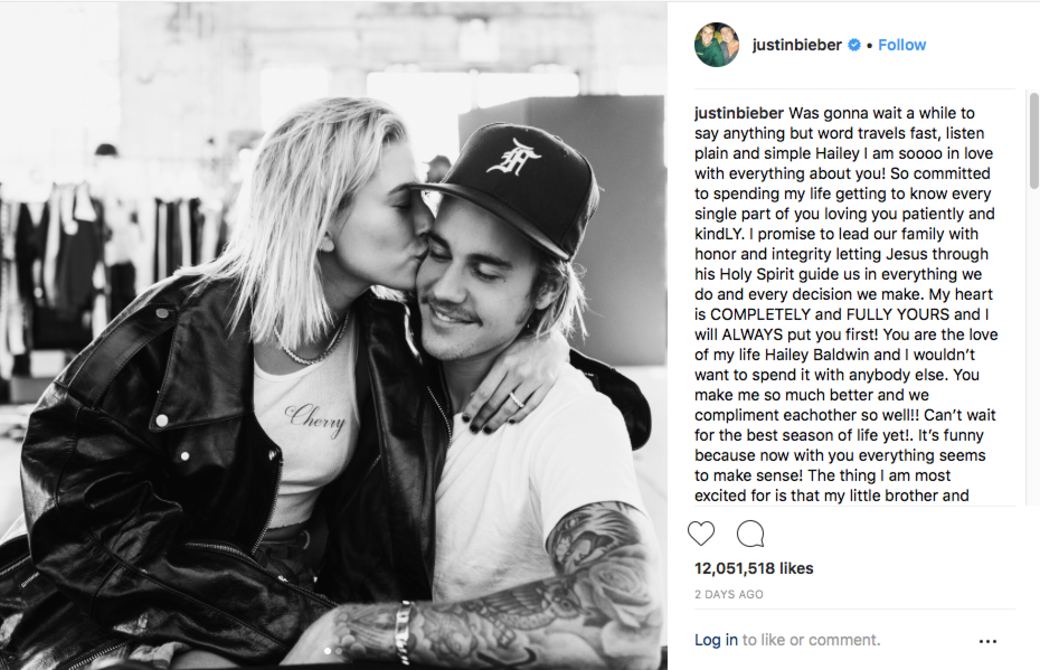 兩天後,Justin Bieber於個人社交平台上載一張與Hailey Baldwin的合照,並撰寫長文宣佈將 兩天後,Justin Bieber於個人社交平台上載一張與Hailey Baldwin的合照,並撰寫長文宣佈將