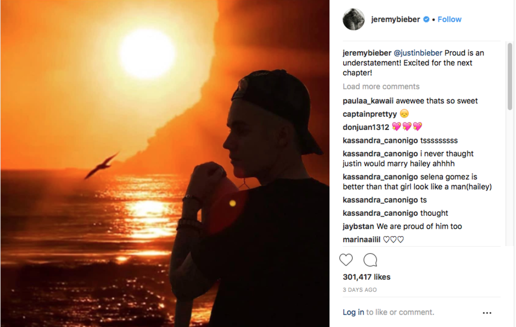 在Justin Bieber公開宣佈前,他的父親Jeremy Bieber已急不及待恭喜兒子,還tag了Justin,令這件 在Justin Bieber公開宣佈前,他的父親Jeremy Bieber已急不及待恭喜兒子,還tag了Justin,令這件