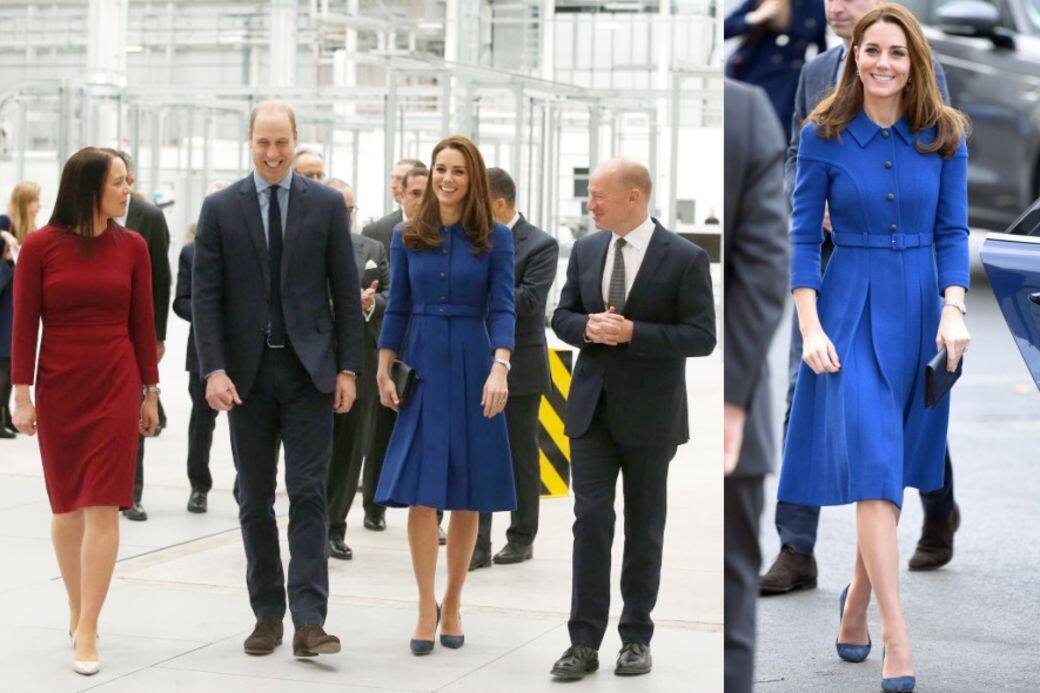 凱特王妃早前與Prince William到訪汽車公司時，以Rubert Sanderson的深藍色麂皮高跟鞋及clutch