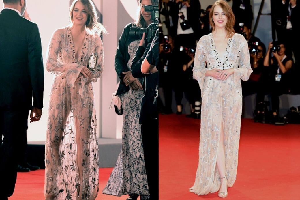 Emma Stone以曲髮和銀色涼鞋配搭飄逸晚裝,散發希臘女神氣息。 Emma Stone以曲髮和銀色涼鞋配搭飄逸晚裝,散發希臘女神氣息。