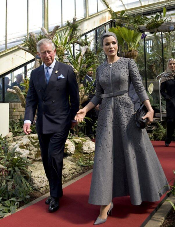 身穿深灰色裙裝的卡塔爾王妃Sheikha Mozah，裙上的碎石壓紋圖案獨特又搶眼，非
