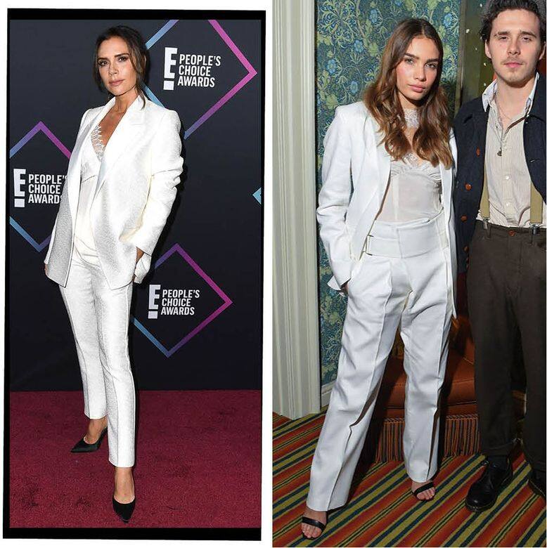 左邊的VB穿上一身白色套裝跟喱士上衣出席《2018 People's Choice Awards》，右邊的Hana Cross就