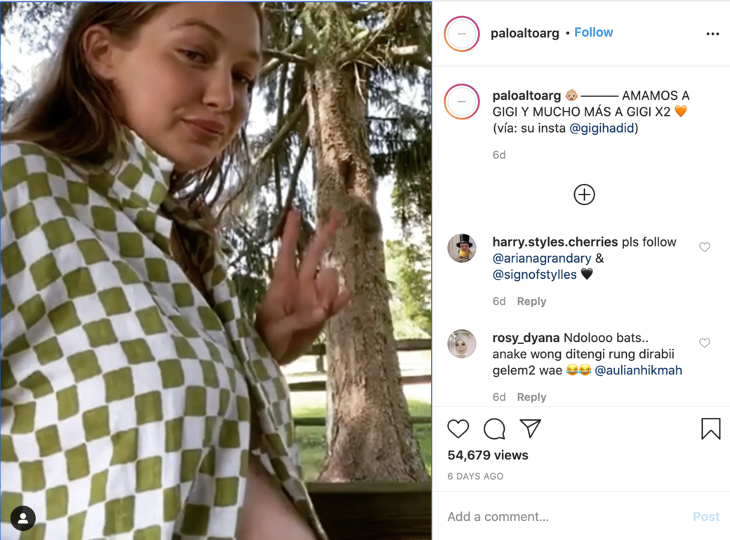 Gigi Hadid對綠白色睡衣套裝可謂情有獨鍾，她最近在Instagram露面展示自己的大肚