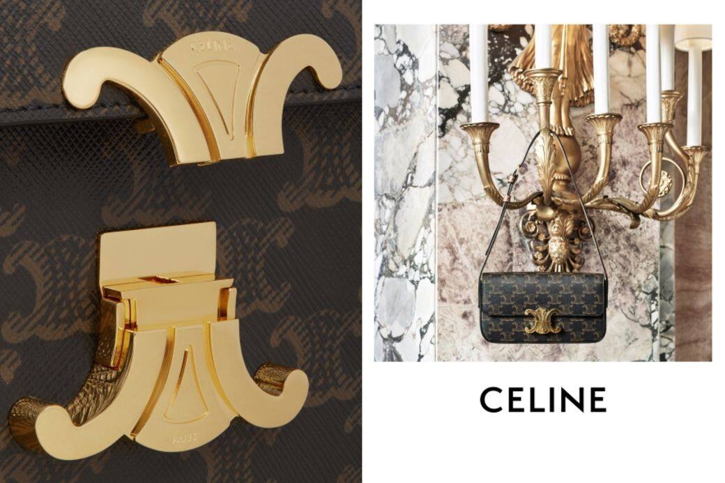 Celine Triomphe shoulder bag以光滑小牛皮或monogram帆布質料搭配俐落硬挺袋身，彰顯精細考究