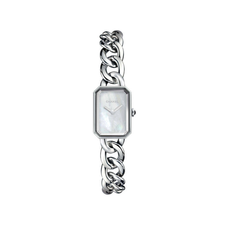 這款Première Chaîne腕錶以精鋼打造錶殻和錶帶，搭載高精準度石英機芯，白色