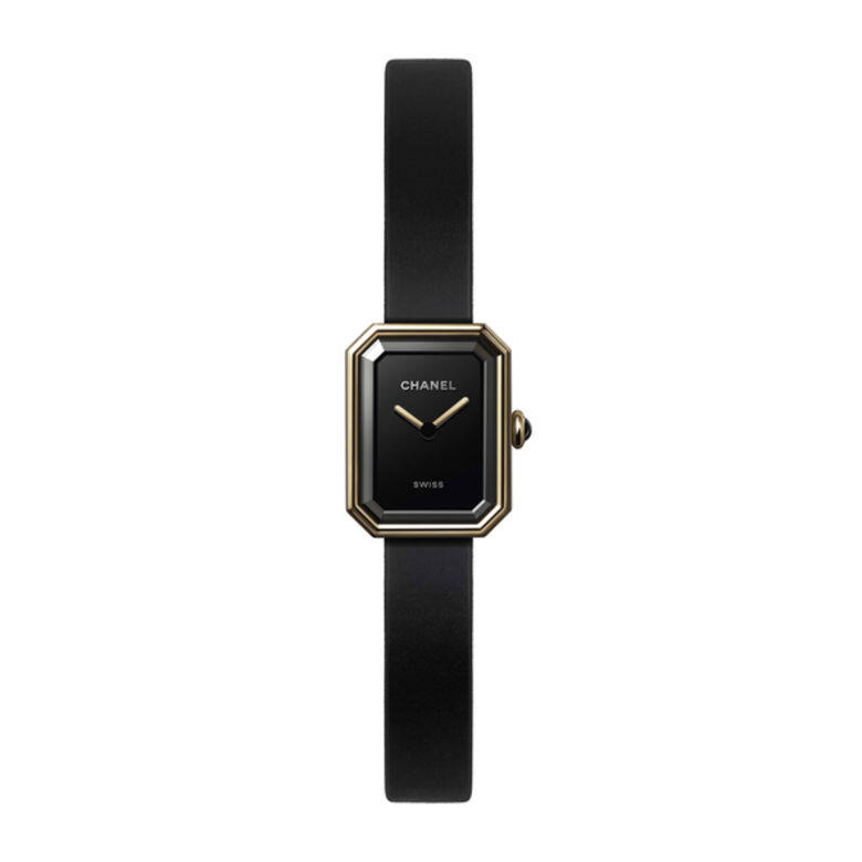 最新的Première Velours手錶，錶殻以18K黃金製造(19.7mm)，錶帶選用絲絨質感黑色