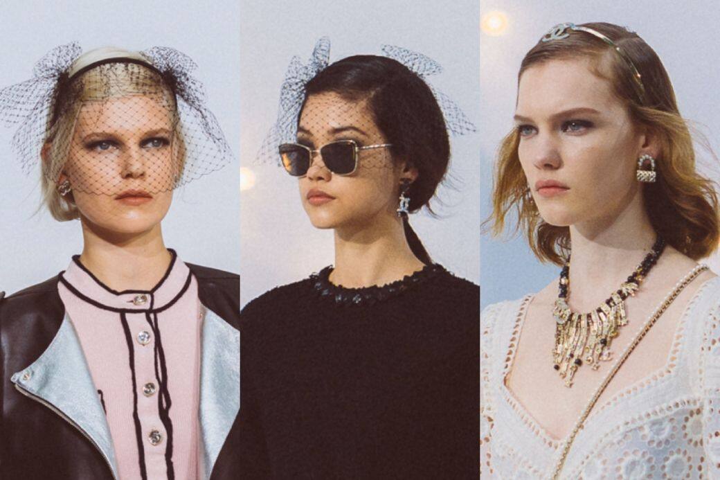 富神秘華麗感的網紗頭飾貫穿了整個Chanel SS21系列，還有CC金屬頭箍也是