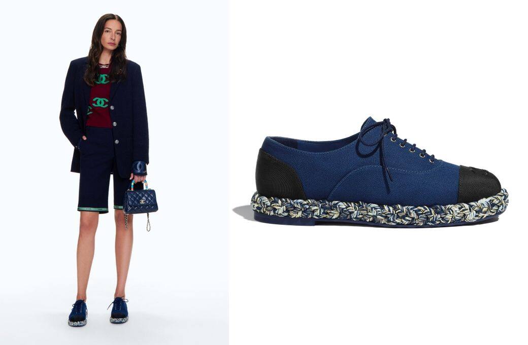 最後一雙Chanel布鞋則是帶點中性boyfriend風格的仿皮鞋款，藍色斜紋布料拼黑色