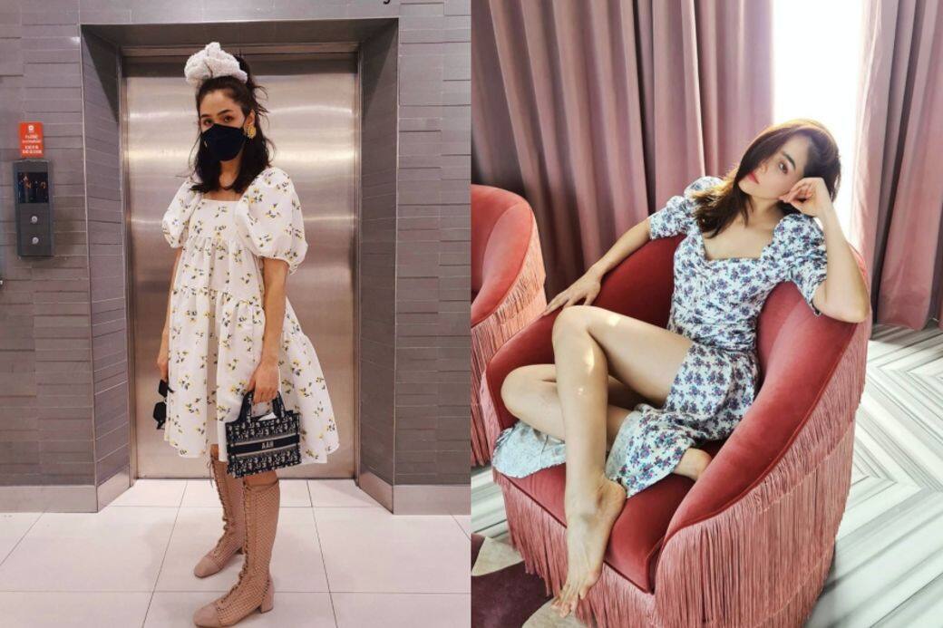 花裙深得Chompoo Araya歡心,娃娃裙剪裁青春可親,貼身高衩剪裁則表演嫵媚,兩款 花裙深得Chompoo Araya歡心,娃娃裙剪裁青春可親,貼身高衩剪裁則表演嫵媚,兩款