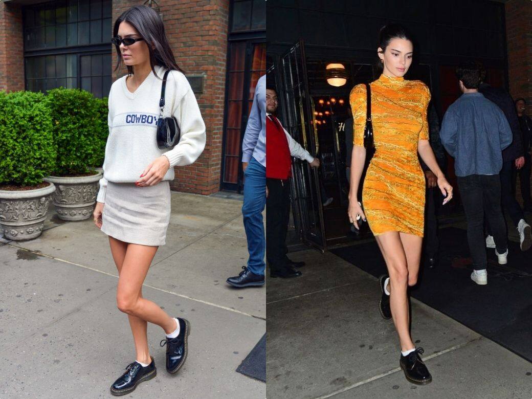 Kendall Jenner也是Dr. Martens 1461鞋款的愛好者，同樣是裙裝造型，V領冷衫配半截裙和橙