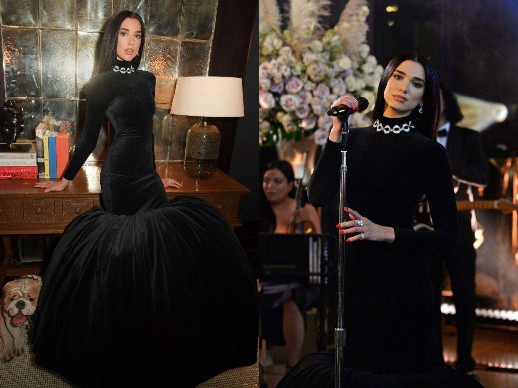 Dua Lipa另一裝黑色晚裝也是來自Balenciaga，充滿對比趣味的誇張裙襬，舞台感十足