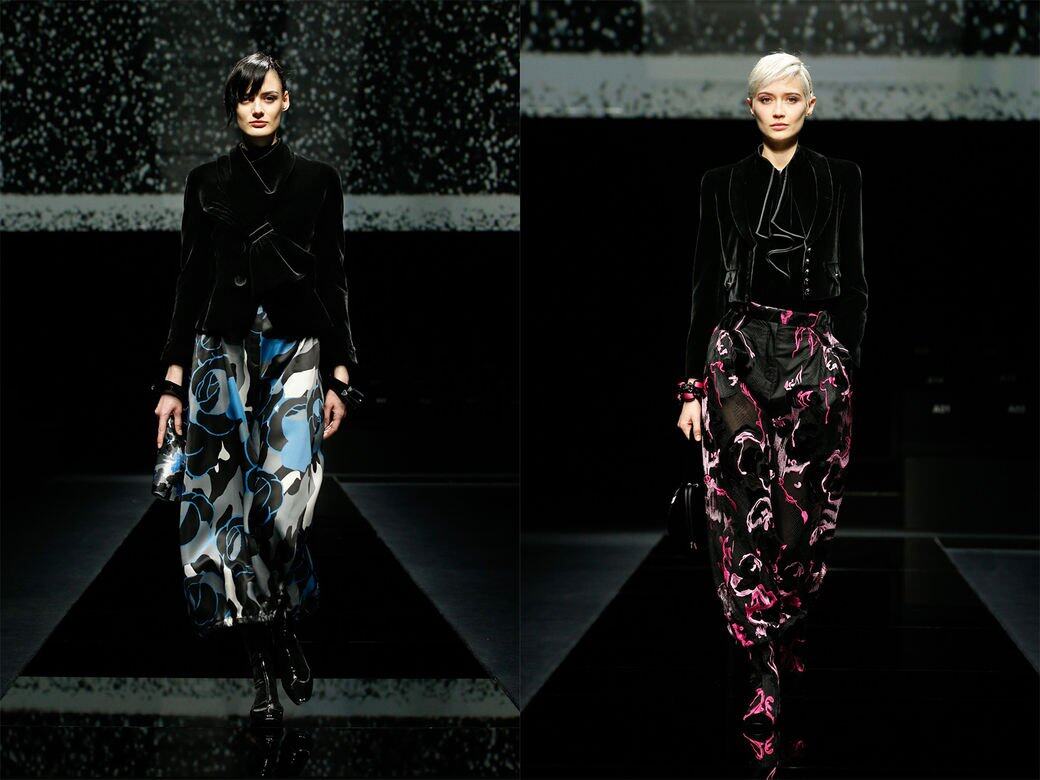 黑色天鵝絨可說是Giorgio Armani的標誌性材料，從西裝褸、大褸、褲款到裙裝及晚裝