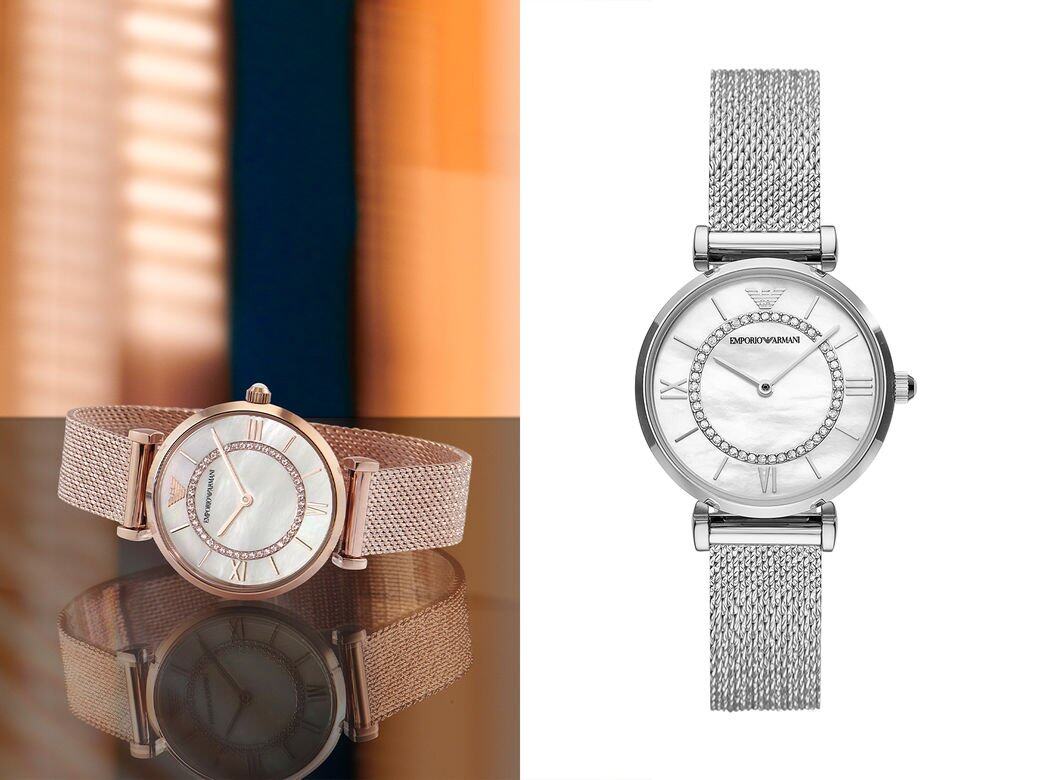 銀白色的錶面配以鑽石點綴，更顯高貴優雅；配搭玫瑰金色或銀色的錶殼