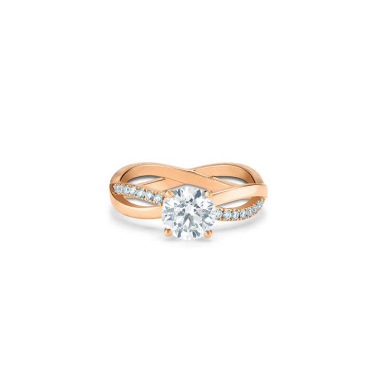 Infinity玫瑰金圓形鑽石戒指的纏繞交織設計，好比一對甜蜜不可分離的愛侶