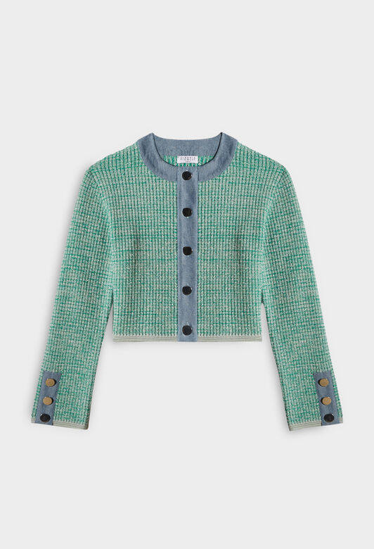 Claudie Pierlot這款藍綠色的開胸毛衣為秋冬季節添上活潑繽紛的色彩,格紋圖案 Claudie Pierlot這款藍綠色的開胸毛衣為秋冬季節添上活潑繽紛的色彩,格紋圖案