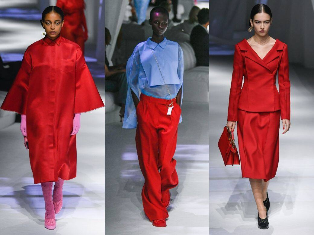 鮮紅色在一系列淡雅新裝中突圍而出，部分襯以今季常用的天藍色。
