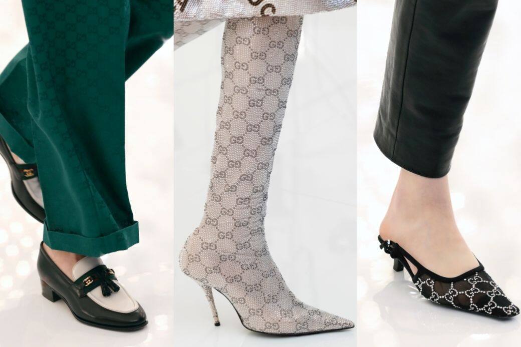 Gucci今個系列的鞋子設計則在實用中見細節,黑白色的lofers、閃爍sock boots、sling back高 Gucci今個系列的鞋子設計則在實用中見細節,黑白色的lofers、閃爍sock boots、sling back高