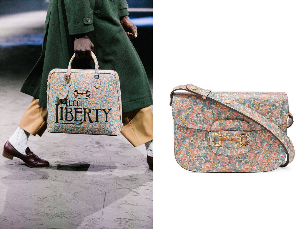 經典的Gucci 1955馬銜扣袋款亦披上Gucci Liberty印花。 經典的Gucci 1955馬銜扣袋款亦披上Gucci Liberty印花。