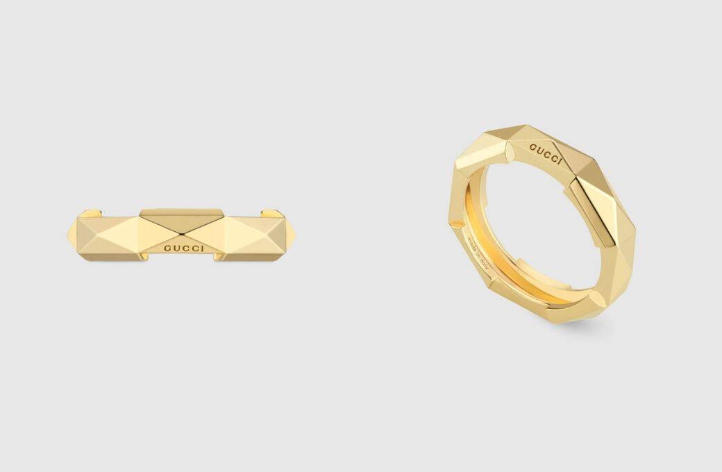 戒指以18K黃金打造，除了取系列的八角形設計，戒指亦特別營造微突起
