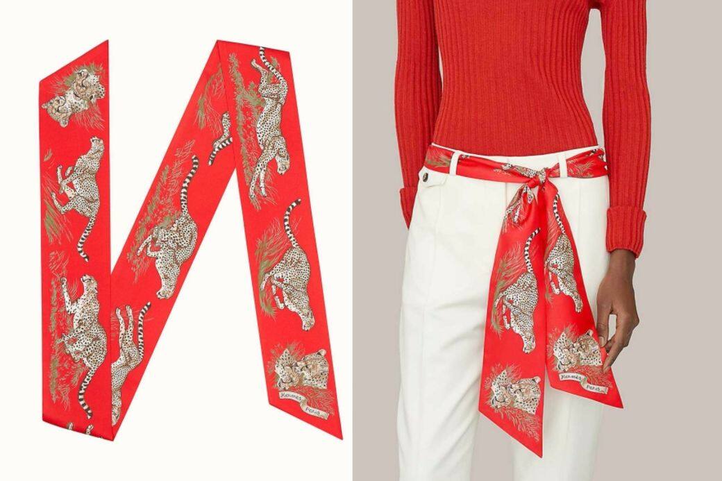 獵豹圖案長絲巾($2,600 Hermès)尺寸:10 X 180cmRobert Dallet設計的圖案,配以品牌經典橙 獵豹圖案長絲巾($2,600 Hermès)尺寸:10 X 180cmRobert Dallet設計的圖案,配以品牌經典橙