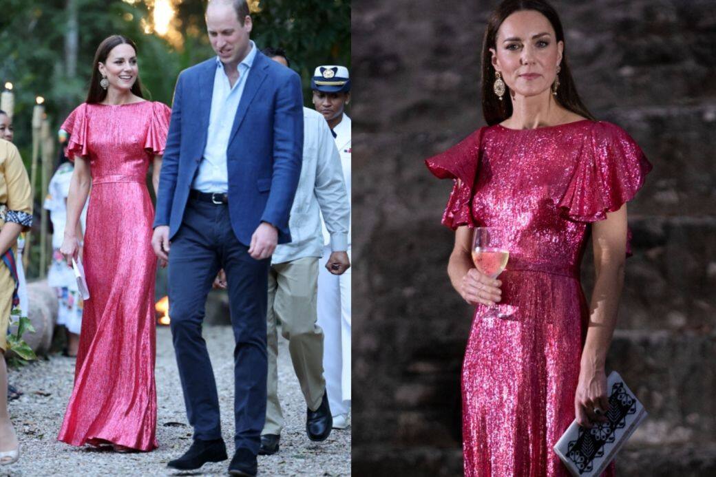 在貝里斯舉行的晚會，凱特王妃穿上英國品牌The Vampire's Wife、猶如紅寶般的亮